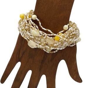 Vintage‎ Multi Strand Glass Seed Bead Bracelet Yellow White Beach Boho Statement
